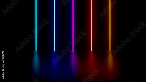Abstract studio with glowing vibrant neon lights. 3d vector illustration