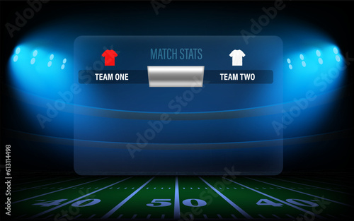 Illuminated rugby stadium with projectors and score board. 3d vector illustration