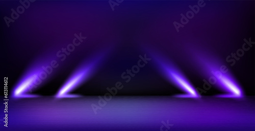 Empty interior with stage and shining projectors. 3d vector illustration