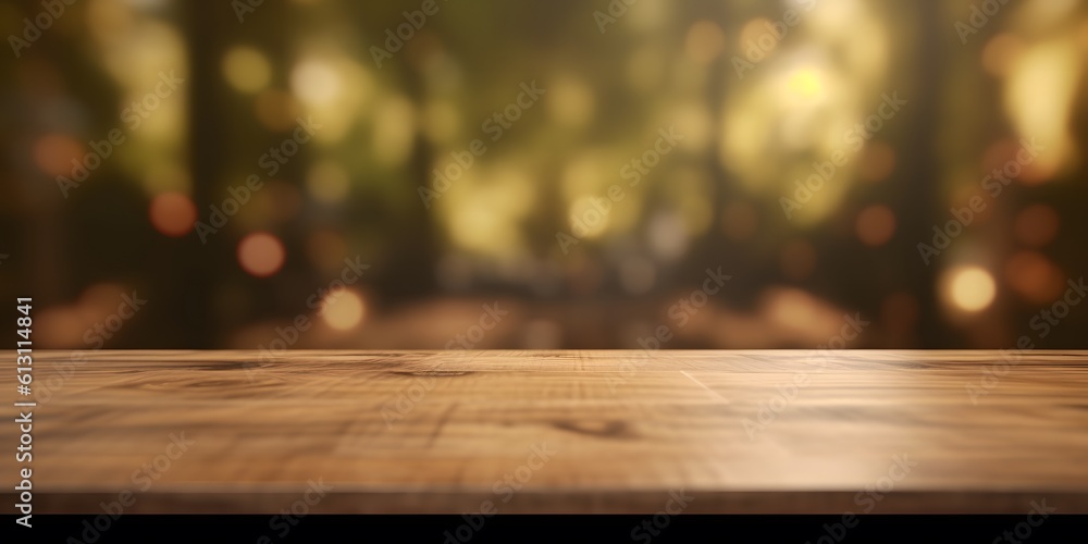 Empty wooden table top with blurred background Empty wooden table top with blurred background