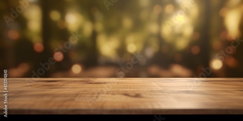 Empty wooden table top with blurred background