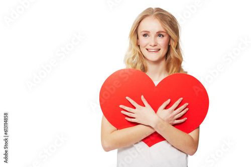 Portrait, heart and social media with a woman on valentines day isolated on a transparent background for romance. Love, emoji and icon with an attractive young female person hugging a shape on PNG © Sumeet/peopleimages.com
