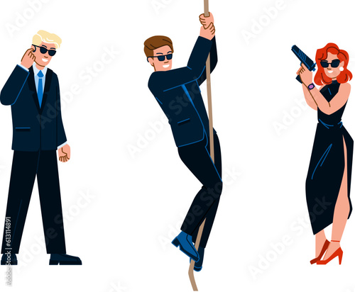 secret agent vector. spy black, detective security, man person, hat crime, silhouette gun secret agent character. people flat cartoon illustration