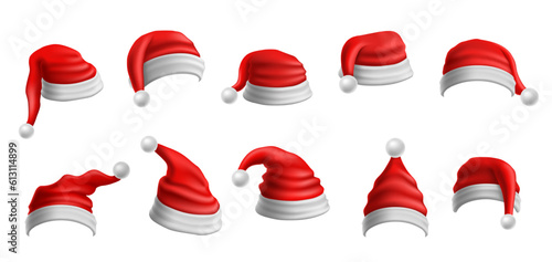 Realistic Santa Claus hat. Christmas red cap, Xmas hats with fluffy white brim and pompom. Traditional festive decoration for winter holidays vector illustration set