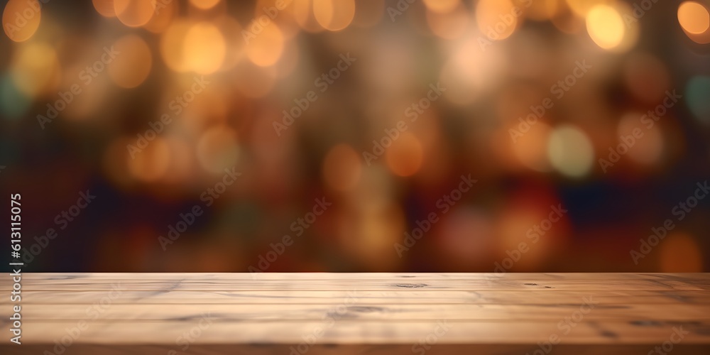 Empty wooden table top with blurred background