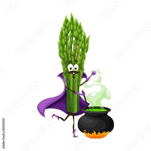 Cartoon Halloween asparagus wizard character. Isolated vector garden plant enchanter wear cloak cooking potion in cauldron. Jovial magician vegetable personage with enchantment magical items