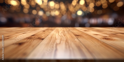 Empty wooden table top with blurred background