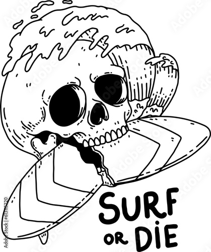 Photography Skull with surfing board and wave
