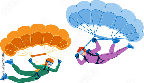 skydiver parachute vector. extreme skydiving, sky adrenaline, jump parachutist, freedom parachuting, skydive flying skydiver parachute character. people flat cartoon illustration
