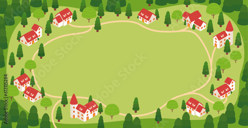 Illustration of an isometric forest and houses with red roofs