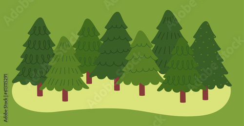 Coniferous forest illustration with hand drawn patterns