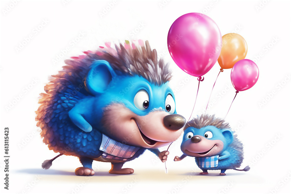 Fototapeta premium Father hedgehog and his kid. Watercolor with cute animals for Father's day. Post processed ai.