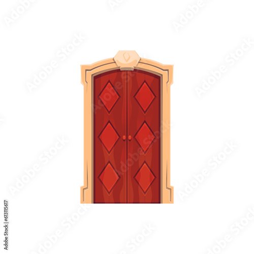 Front door with doorway. Isolated vector elegant vintage red wooden gates with textured rocky doorjamb surface and geometric rhombus pattern. Cartoon closed luxury entrance portal of hotel or house
