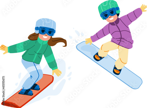 snowboarding kid vector. active snowboard, winter sport, snowboarder happy, fun snow, season young snowboarding kid character. people flat cartoon illustration