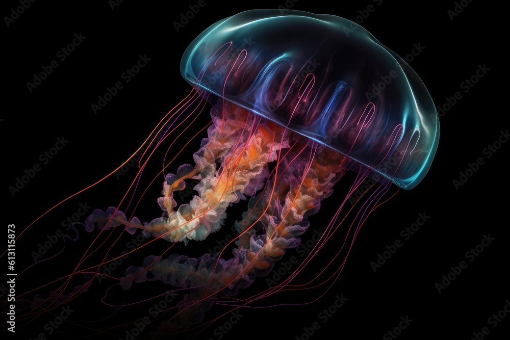 Illustration of marine beautiful neon jellyfish on a black background. Generative AI