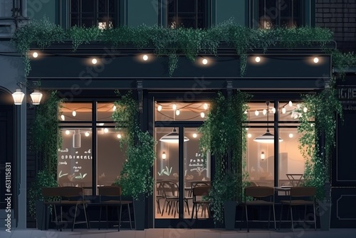 Cozy cafe facade with greenery, restaurant exterior, illustration. Generative AI