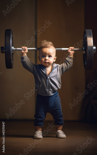 Adorable strong little boy lifting a heavy barbell - ai generative