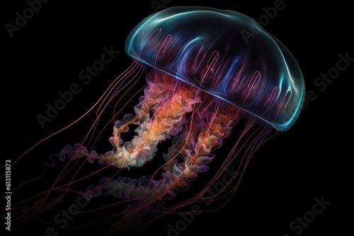 Illustration of marine beautiful neon jellyfish on a black background. Generative AI