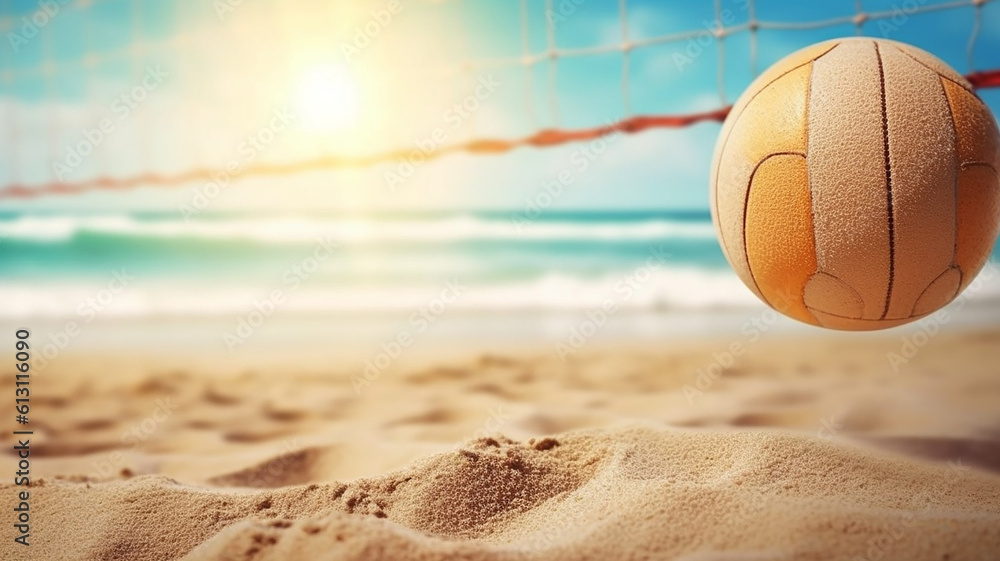 AI generative image volleyball beach with the ball in first plane and a beach scene as background 