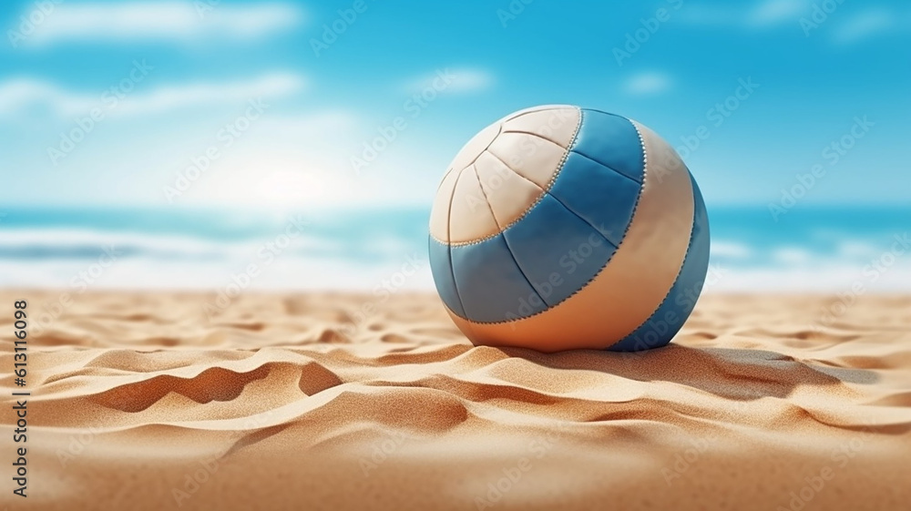 AI generative image volleyball beach with the ball in first plane and a beach scene as background 