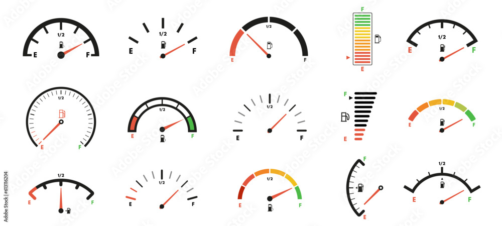 Fuel gauge scales. Gas meter, petrol level indicator for car dashboard panel design. Gage dials with empty and full marks vector set - obrazy, fototapety, plakaty 