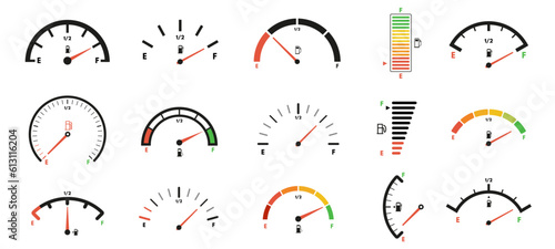 Fuel gauge scales. Gas meter, petrol level indicator for car dashboard panel design. Gage dials with empty and full marks vector set