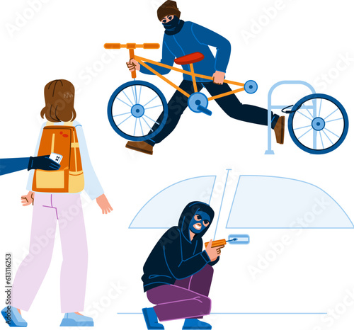 stolen thief vector. theft security, criminal crime, fraud stealing, burglar danger, hand person stolen thief character. people flat cartoon illustration