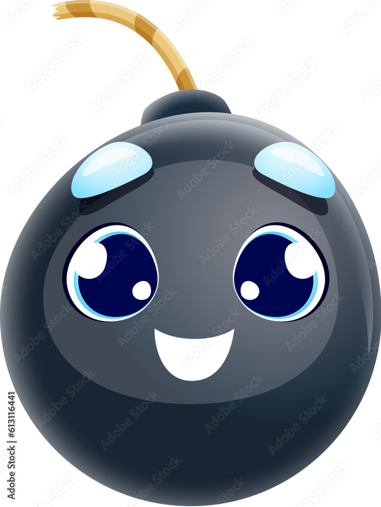 Cartoon cute bomb character with wick or fuse. Explosive, weapon personage. Funny grenade, dynamite or comical bomb isolated vector character. Explosion adorable personage or mascot with smiling face Cartoon cute bomb character with wick or fuse. Explosive, weapon personage. Funny grenade, dynamite or comical bomb isolated vector character. Explosion adorable personage or mascot with smiling face