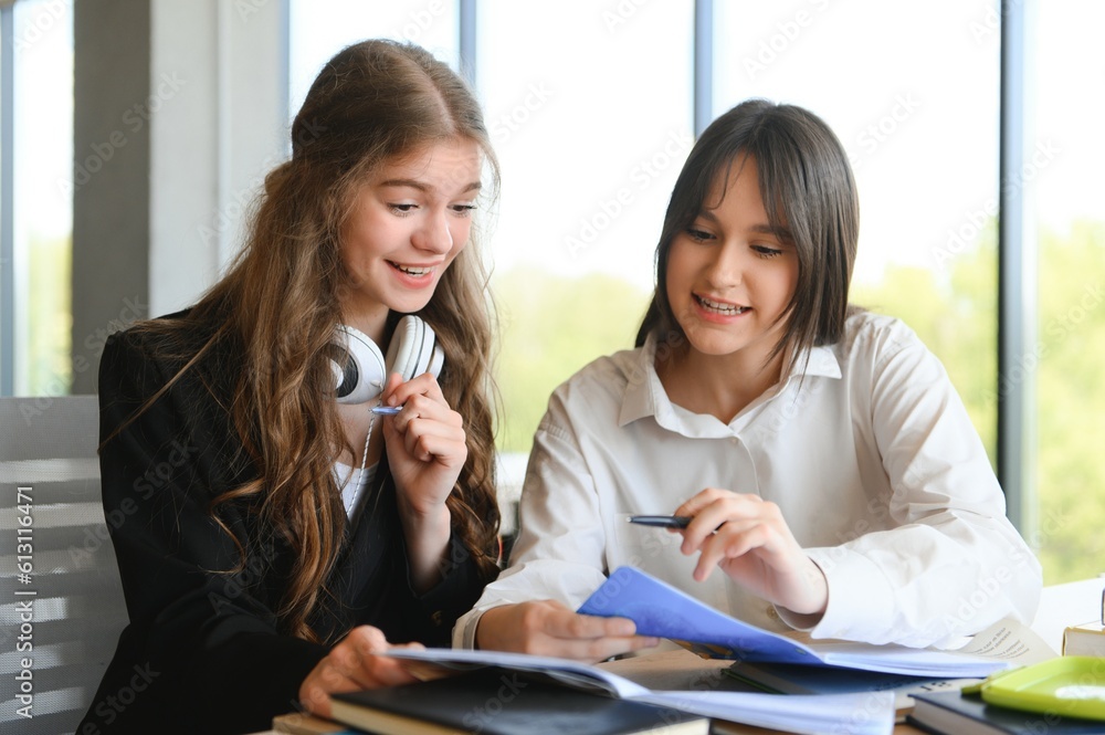 Portrait of two girls at workplace with books. School education Portrait of two girls at workplace with books. School education