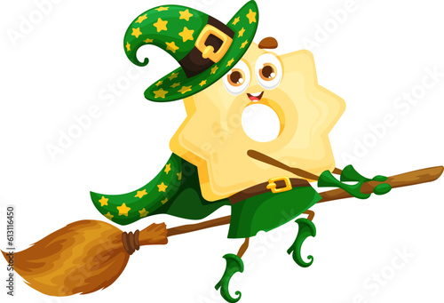 Cartoon Halloween italian pasta wizard character. Isolated vector stelle witch wearing green hat and cloak with stars flies on broomstick, ready to cast a magical spell on coven trick-or-treat party