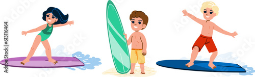 surfing kid vector. surfboard wave, surf beach, ocean surfer, sea sport, board young surfing kid character. people flat cartoon illustration