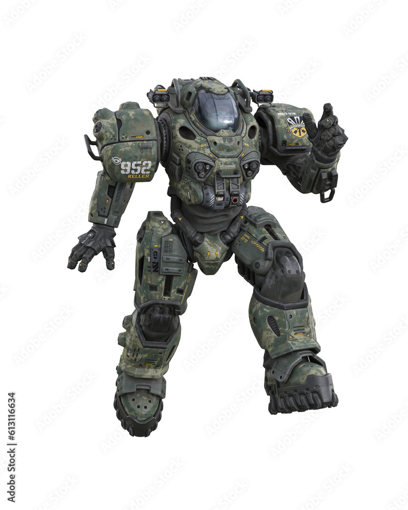 Futuristic soldier jumping in a powered combat suit with camouflage colours. Isolated 3D illustration.