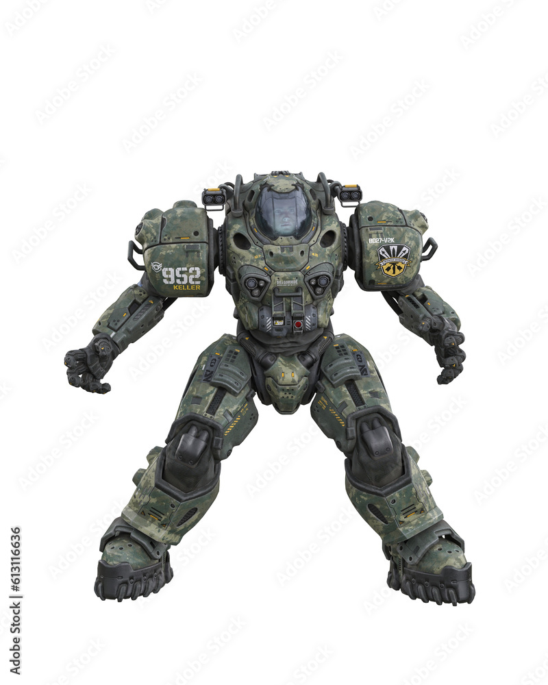 Futuristic soldier standing in a powered combat suit with camouflage colours. Isolated 3D rendering.