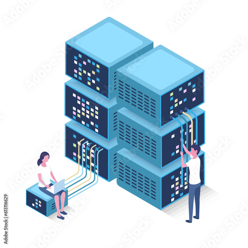 isometric illustration of server and people