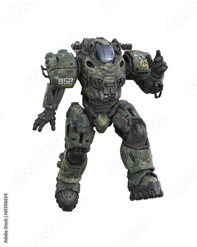 Futuristic soldier jumping in a powered combat suit with camouflage colours. Isolated 3D illustration. © IG Digital Arts