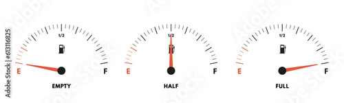 Fuel gauge levels. Full, half and empty gas tank level indicator. Gasoline meter, vehicle petrol gauges vector illustration set