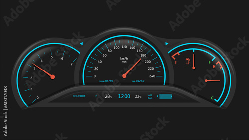 Car dashboard. Vehicle performance monitoring indicators and gauges, fuel level and speedometer ui vector illustration photo