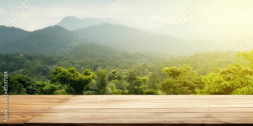 wooden table at mountain and forest landscape with generative ai