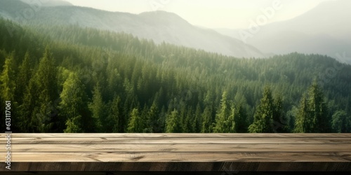 wooden table at mountain and forest landscape with generative ai