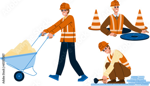 worker street vector. asphalt work, construction repair, equipment man, job industry, pavement city worker street character. people flat cartoon illustration