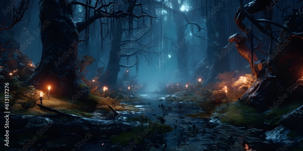 Gloomy fantasy forest scene at night with glowing lights