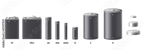 Realistic battery mockup. Different types of alkaline batteries and accumulators. Empty portable electricity power source template for design isolated 3D vector illustration set