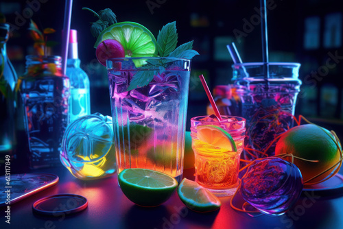 cocktails with ice cubes in neon pink and blue colors. Minimal night party life concept. generative ai, ai, generative