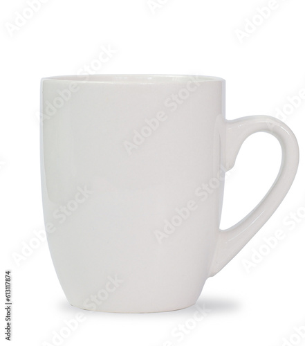 Clean blank tall ceramic coffee mug beige color side view isolated on white background. photo