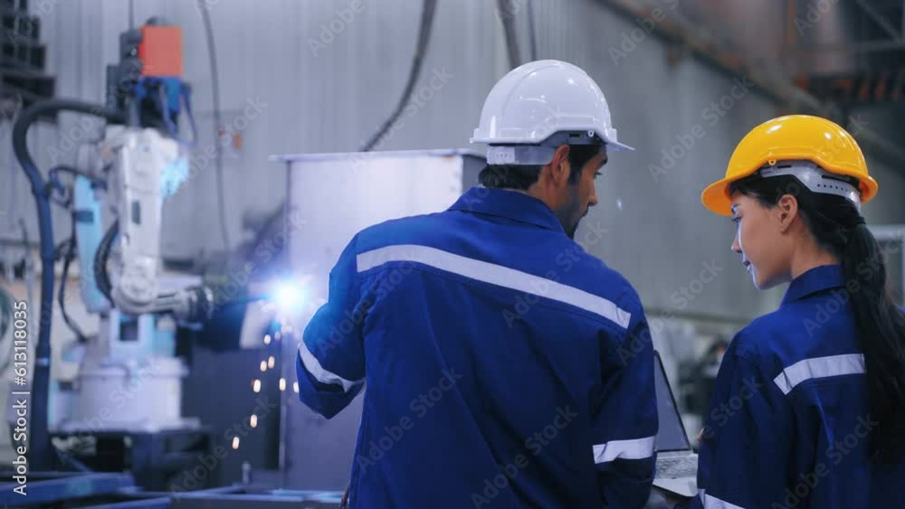 Two professional engineers control manage robot arm welding automation in heavy industry. Man and woman working by welding robot together in steel factory. Manufacturing automatic system concept Two professional engineers control manage robot arm welding automation in heavy industry. Man and woman working by welding robot together in steel factory. Manufacturing automatic system concept
