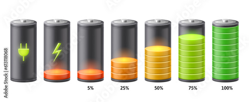 Battery charge indicator animation. Rechargeable batteries charging process stages, connect charger icon and accumulator capacity scale vector set