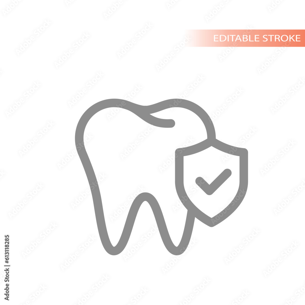 Tooth and shield with checkmark line vector icon. Dental insurance, protected and covered outlined symbol. Tooth and shield with checkmark line vector icon. Dental insurance, protected and covered outlined symbol.