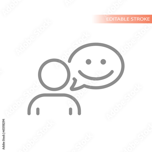 Man, person with happy smile chat bubble icon. Online help, contact and customer support line vector.