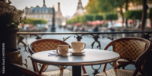 AI Generated. AI Generative. Cozy romantic decoration paris europe coffee shop on terrace. Vacation adventure love story vibe. Graphic Art photo