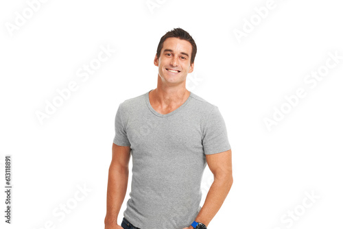 Happy man, portrait smile and standing isolated on a transparent PNG background in casual fashion. Creative, attractive or proud young muscular male model smiling in happiness for confidence or pride © Sumeet/peopleimages.com